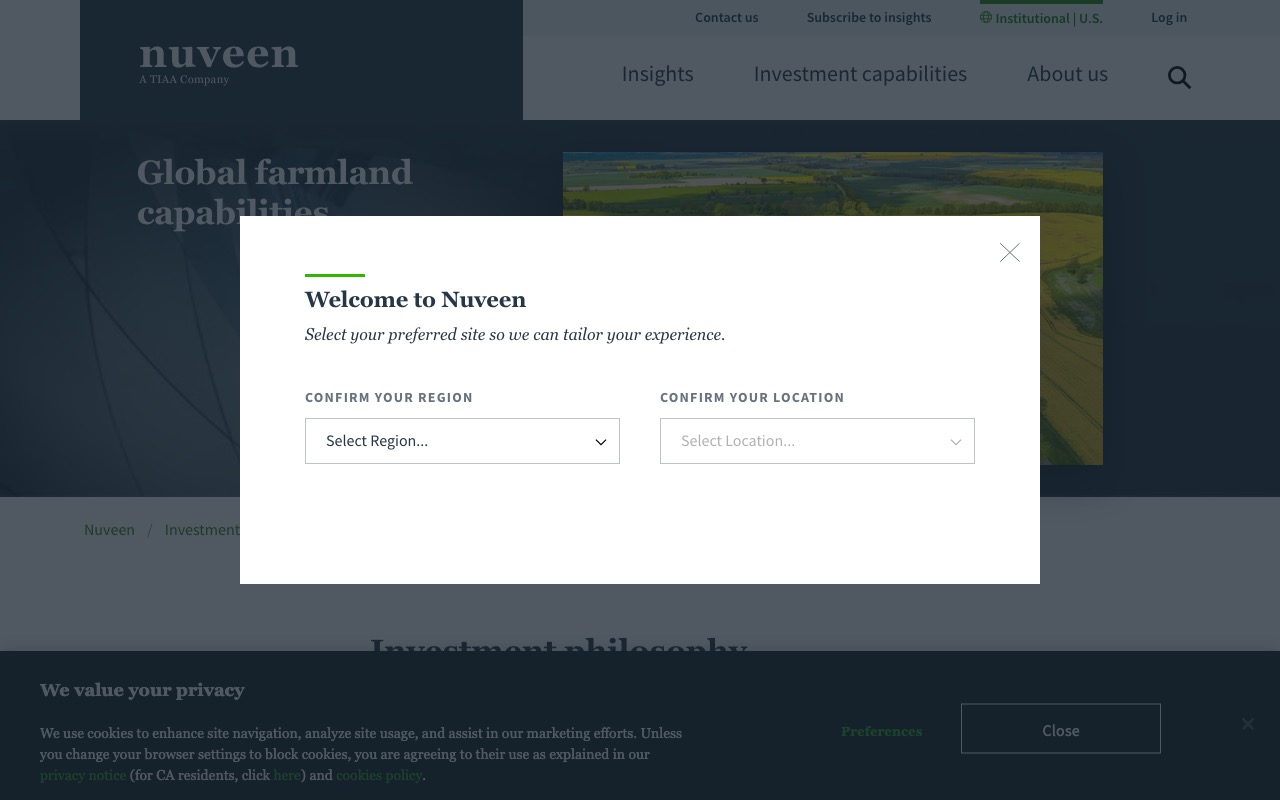 Nuveen Natural Capitalの農地投資ページ