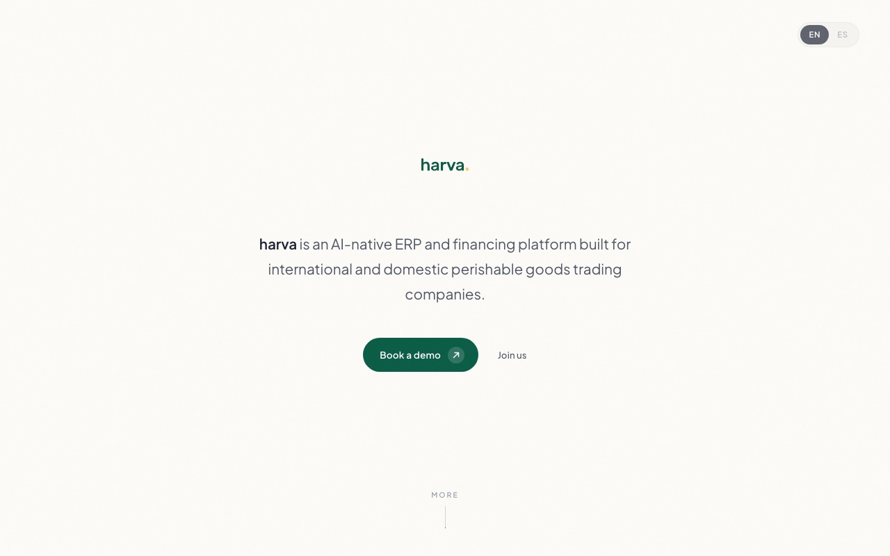 Havra(harva.)公式サイトのトップページ。AIネイティブERPとファイナンスプラットフォームを訴求する画面