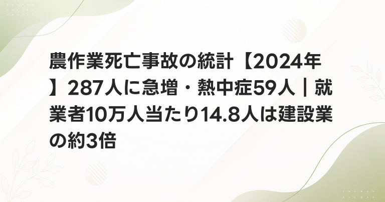 農作業死亡事故の統計【2024年】287人に急増・熱中症59人｜就業者10万人当たり14.8人は建設業の約3倍