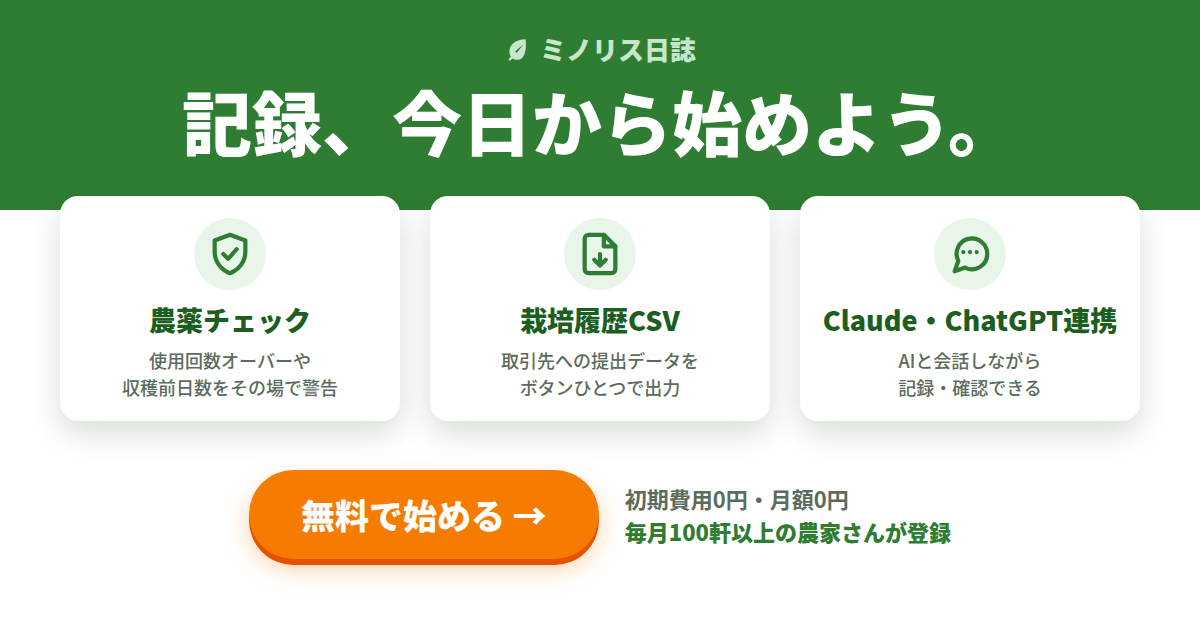 無料の農業日誌・圃場管理アプリ「ミノリス日誌」に無料登録（PR：株式会社トクイテン）
