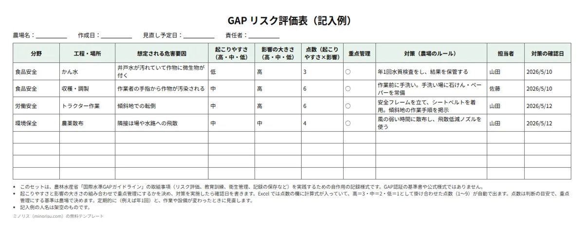 GAPのリスク評価表の記入例