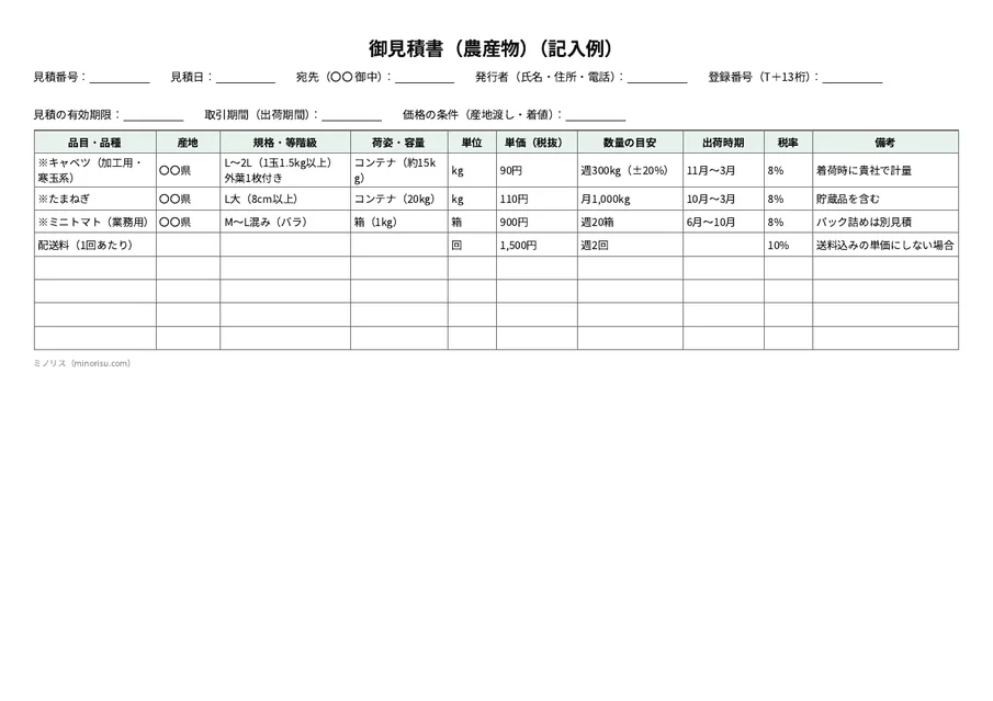 見積書(農産物・業務用)の記入例