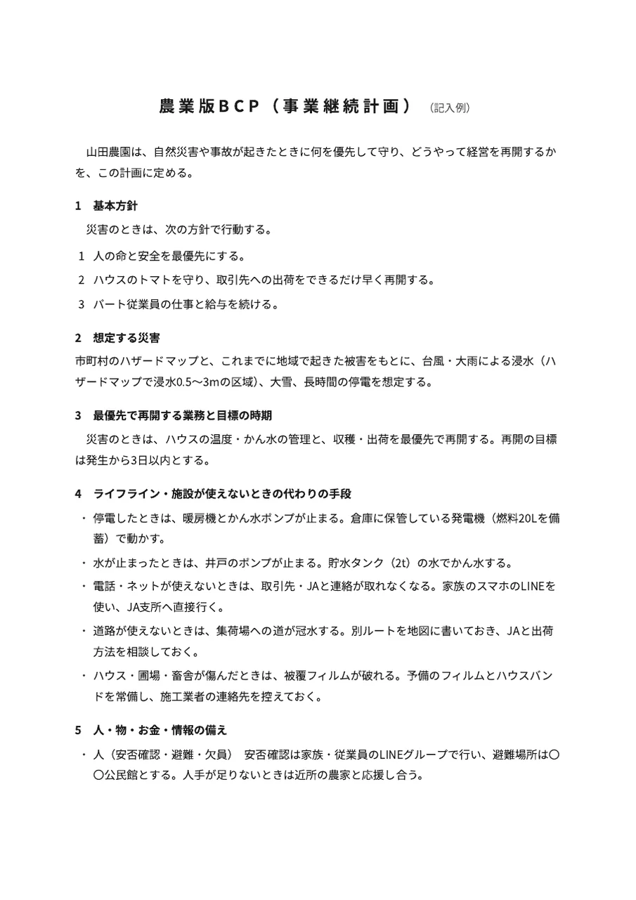 農業版BCP（事業継続計画）の記入例