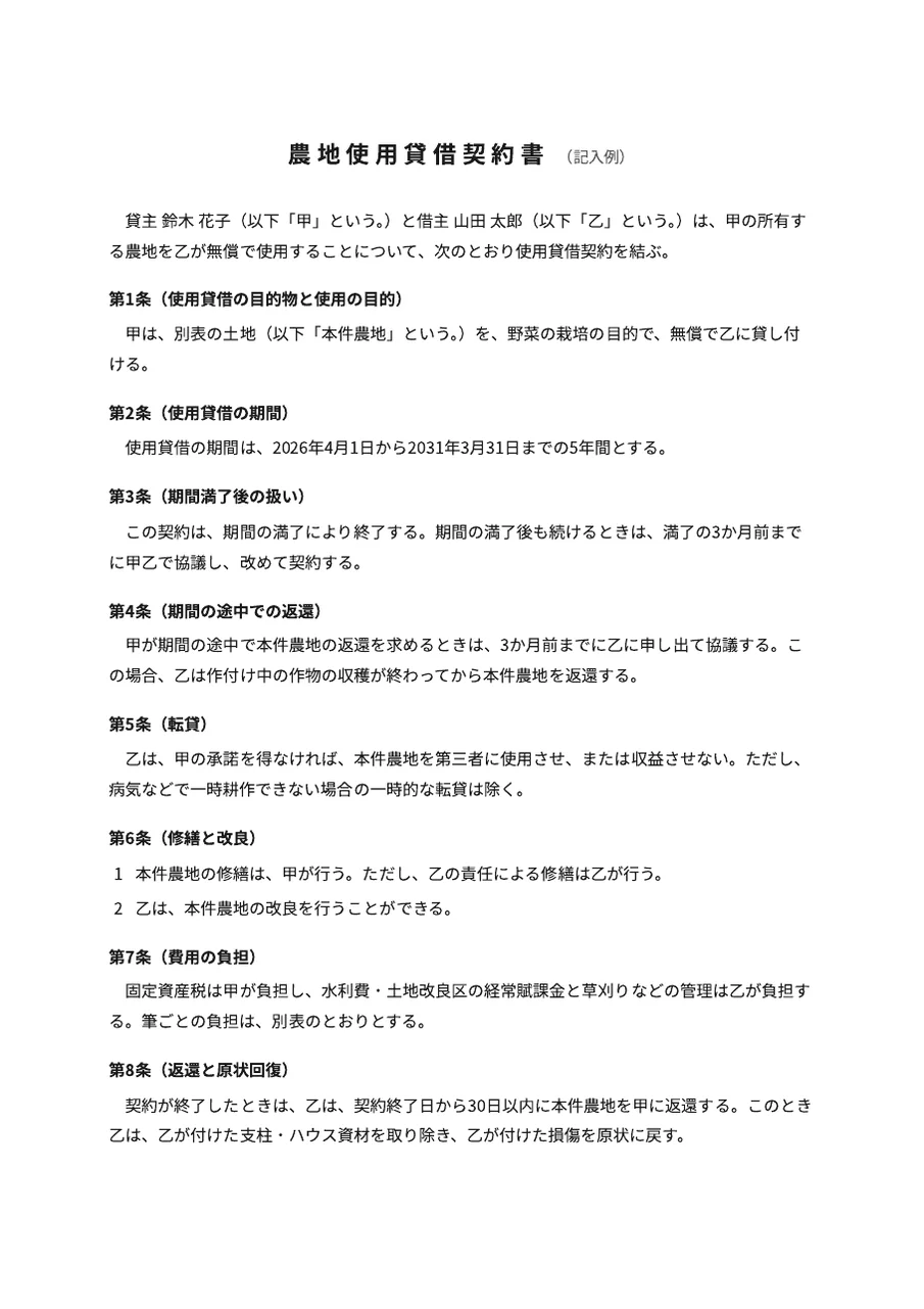 農地使用貸借契約書の記入例