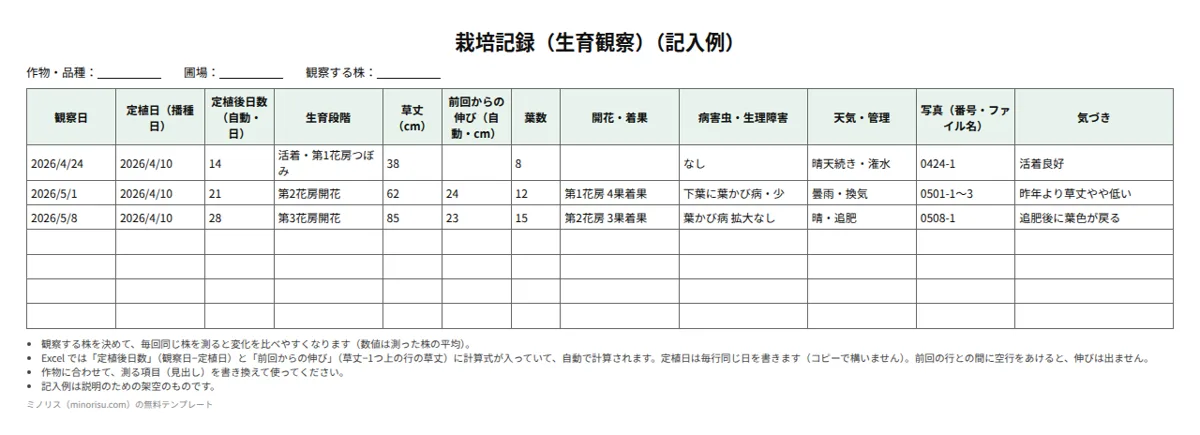 栽培記録（栽培日誌）の記入例