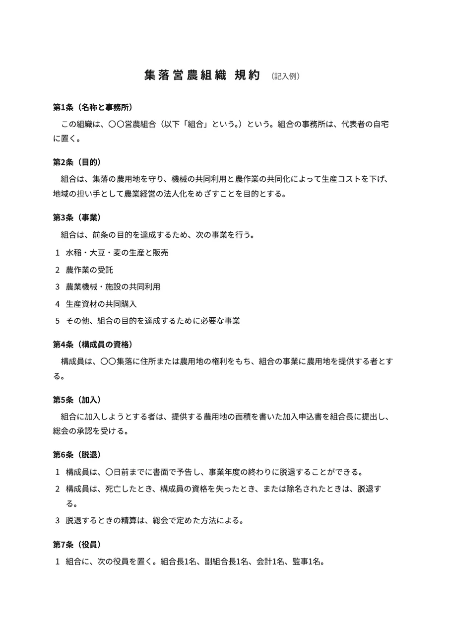 集落営農組織の規約の記入例