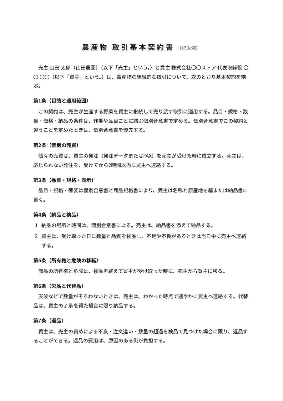 スーパーとの取引契約書（農産物）の記入例