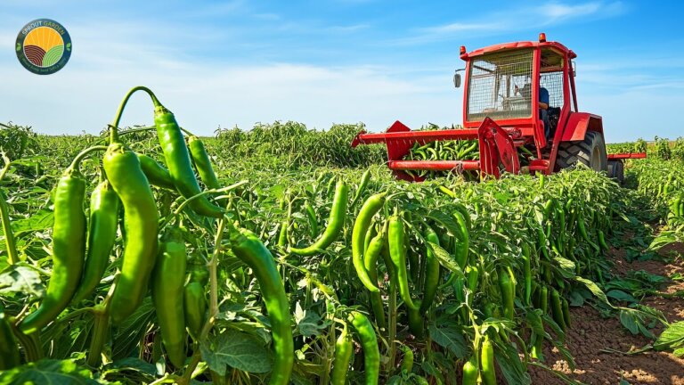 How Farmers Harvest Green Chili Peppers by Machine: Peeled Chili Processing | Farming Documentary